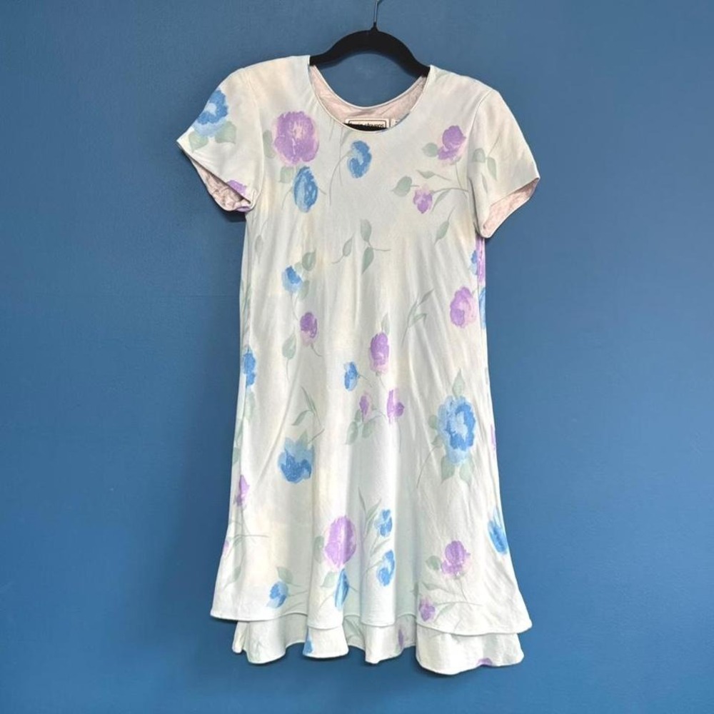 Vintage 80s Floral Mini Dress Women's Size 4 Petite Blue Ruffle Karin Stevens